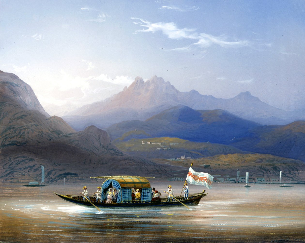 Comói-tó. Hajó. A háttérben a Groma-hegy látható, 1830 körül. Bossoli festmény. Como, magán al. alkotó: Carlo Bossoli