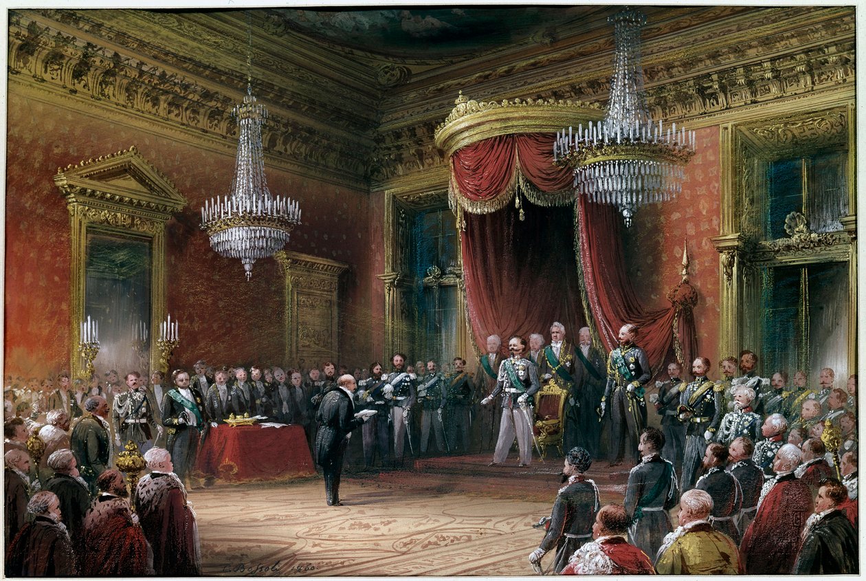 Risorgimento – Carlo Farini (1812-1866) bemutatja Victor Emmanuel II (Victor Emmanuel) (Vittorio Emanuele) (1820-1878) Emilia Romagna 1860-as annektálási szerződését (olaj, vászon) alkotó: Carlo Bossoli