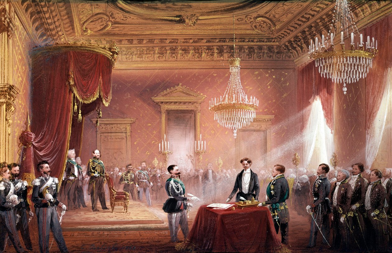 Risorgimento – II. Victor Emmanuel (Victor Emmanuel) (Vittorio Emanuele) (1820-1878) március 22-én aláírta a Bettino Ricasoli (1809-1880) által előterjesztett Toszkána annektálásáról szóló szerződést. alkotó: Carlo Bossoli
