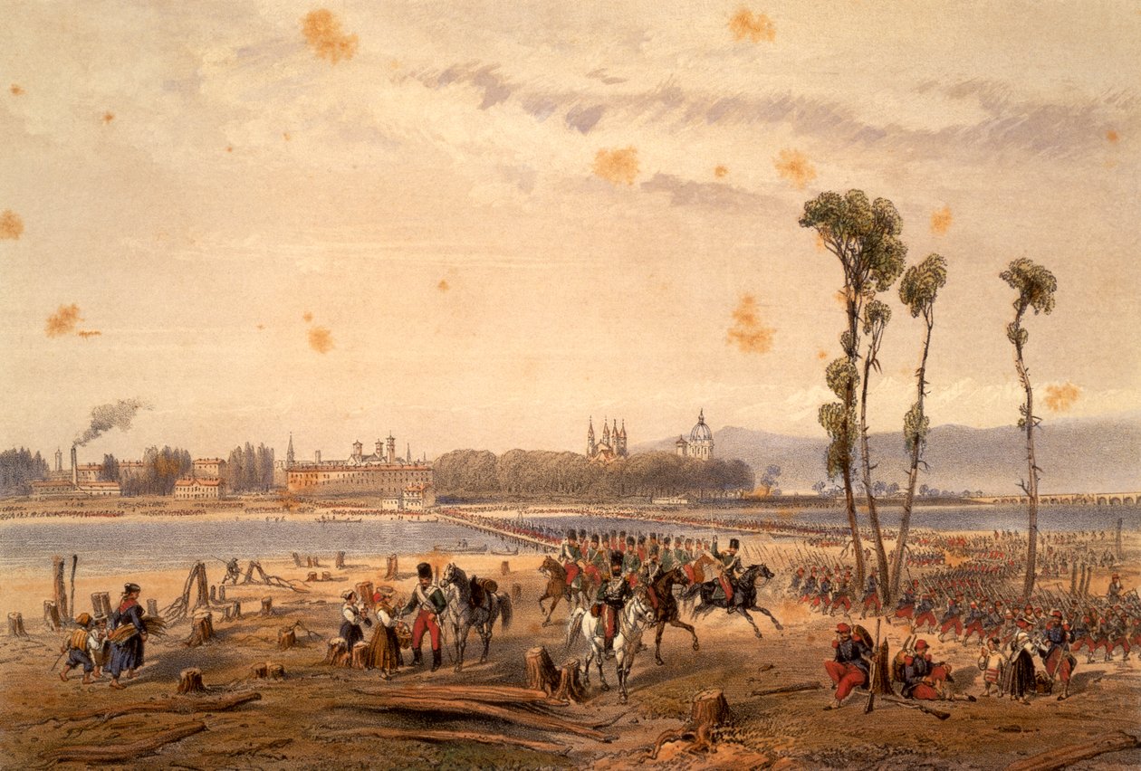A franciák átkeltek a Sesián Vercellinél 1859-ben, Carlo Bossoli (1815-1884), metszet. Második függetlenségi háború, Olaszország alkotó: Carlo Bossoli
