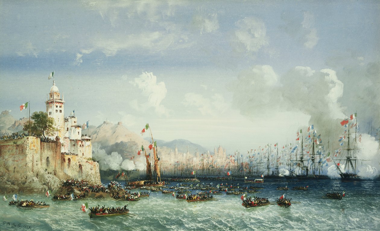 Az olaszországi háború: Genova, III. Napóleon császár érkezése, 1859 alkotó: Carlo Bossoli