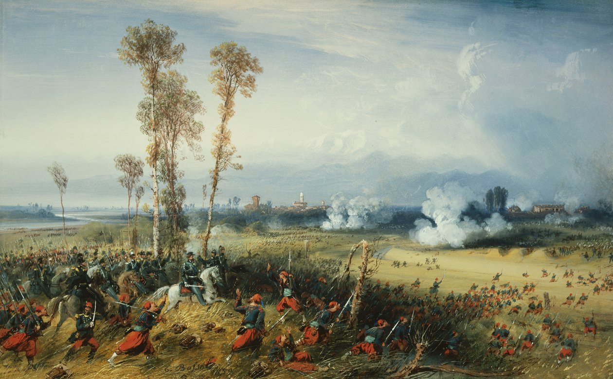 Az olaszországi háború: Palestrói csata, Szardínia királya a csapatok élén, 1859 alkotó: Carlo Bossoli