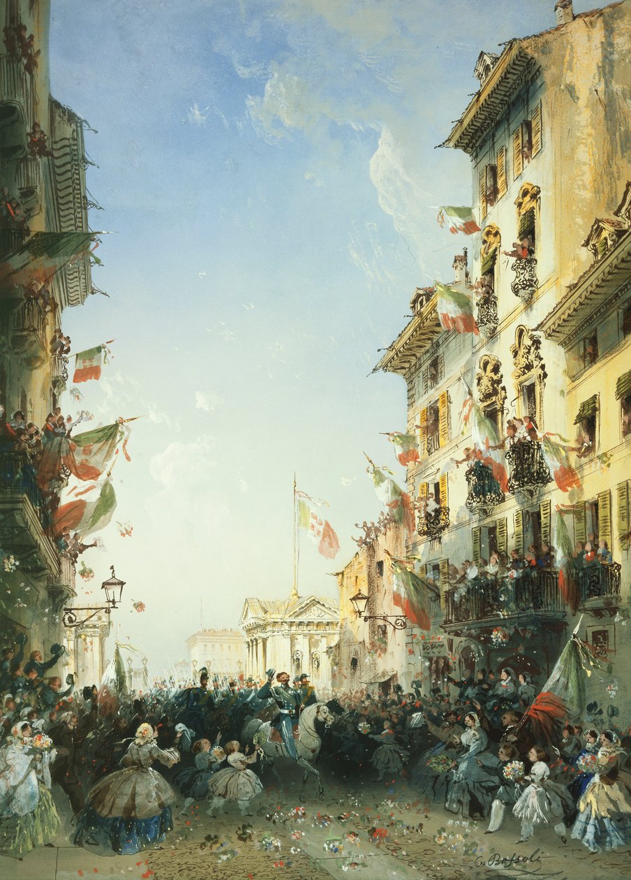 Az olaszországi háború: Szardínia királyának belépése Bresciába, 1859 alkotó: Carlo Bossoli