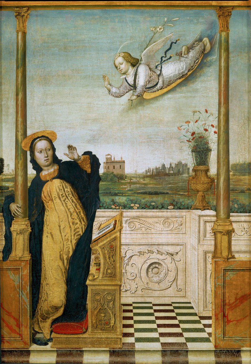 Annunciáció. Egy triptichon középső táblája (fára festett kép). alkotó: Carlo Braccesco