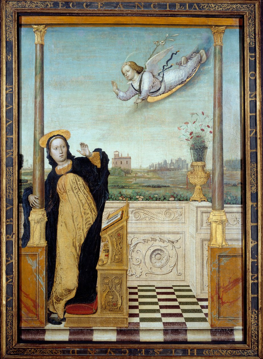 Angyali Üdvözlet. Triptichon központi panelje. Carlo Di Giovani Braccesco (1478-1501) festménye alkotó: Carlo Braccesco