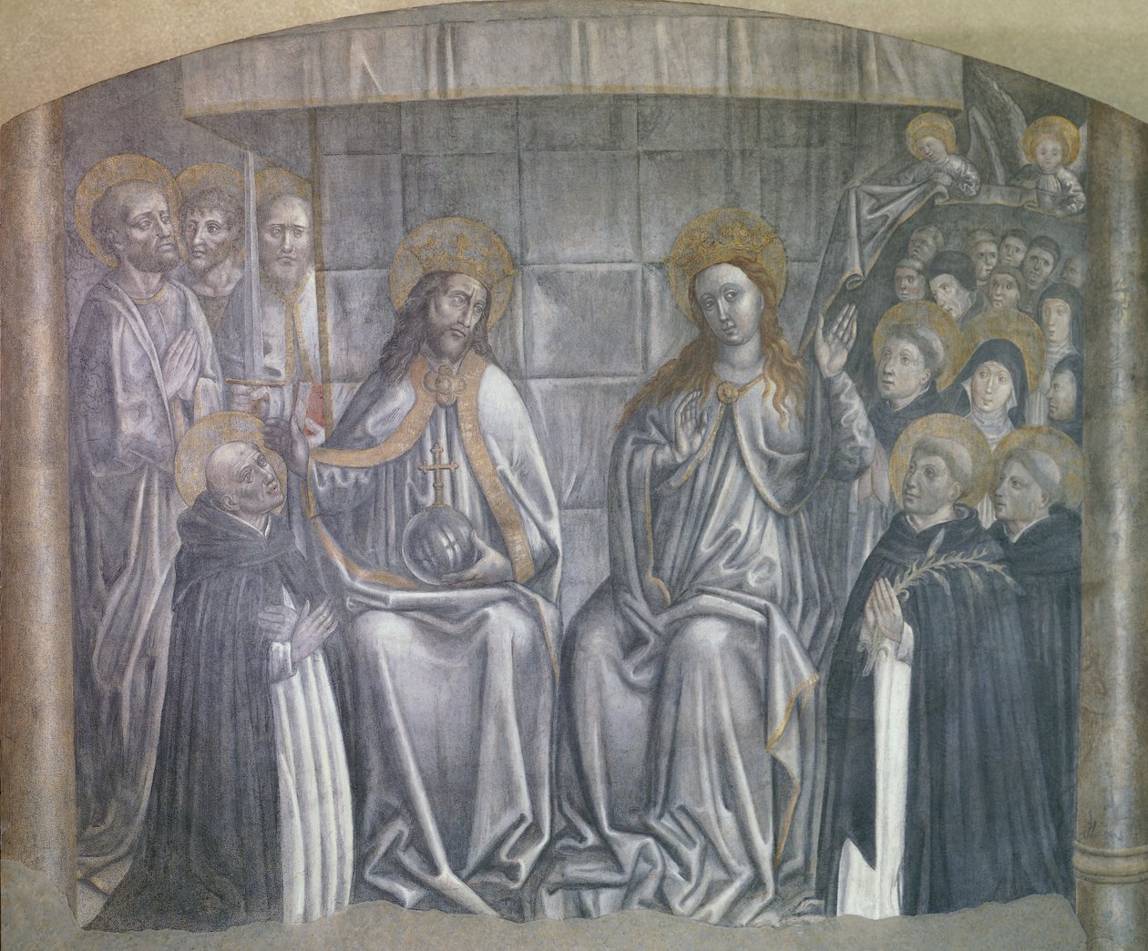 Krisztus világot ad Szent Domonkosnak Szűz Mária jelenlétében, Carlo Braccesco freskója alkotó: Carlo Braccesco
