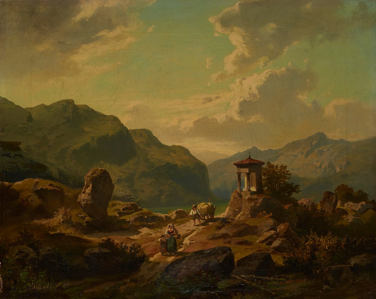 Hegyi táj egy tóval alkotó: Carlo Brioschi