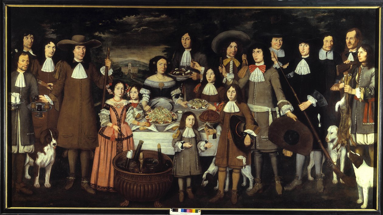 Családi portré vagy „” Igyál vadászat közben””. Carlo Cane (1618-1688) festménye. 17. századi festészet. Pinacoteca del Castello Sforzesco Milánó alkotó: Carlo Cane