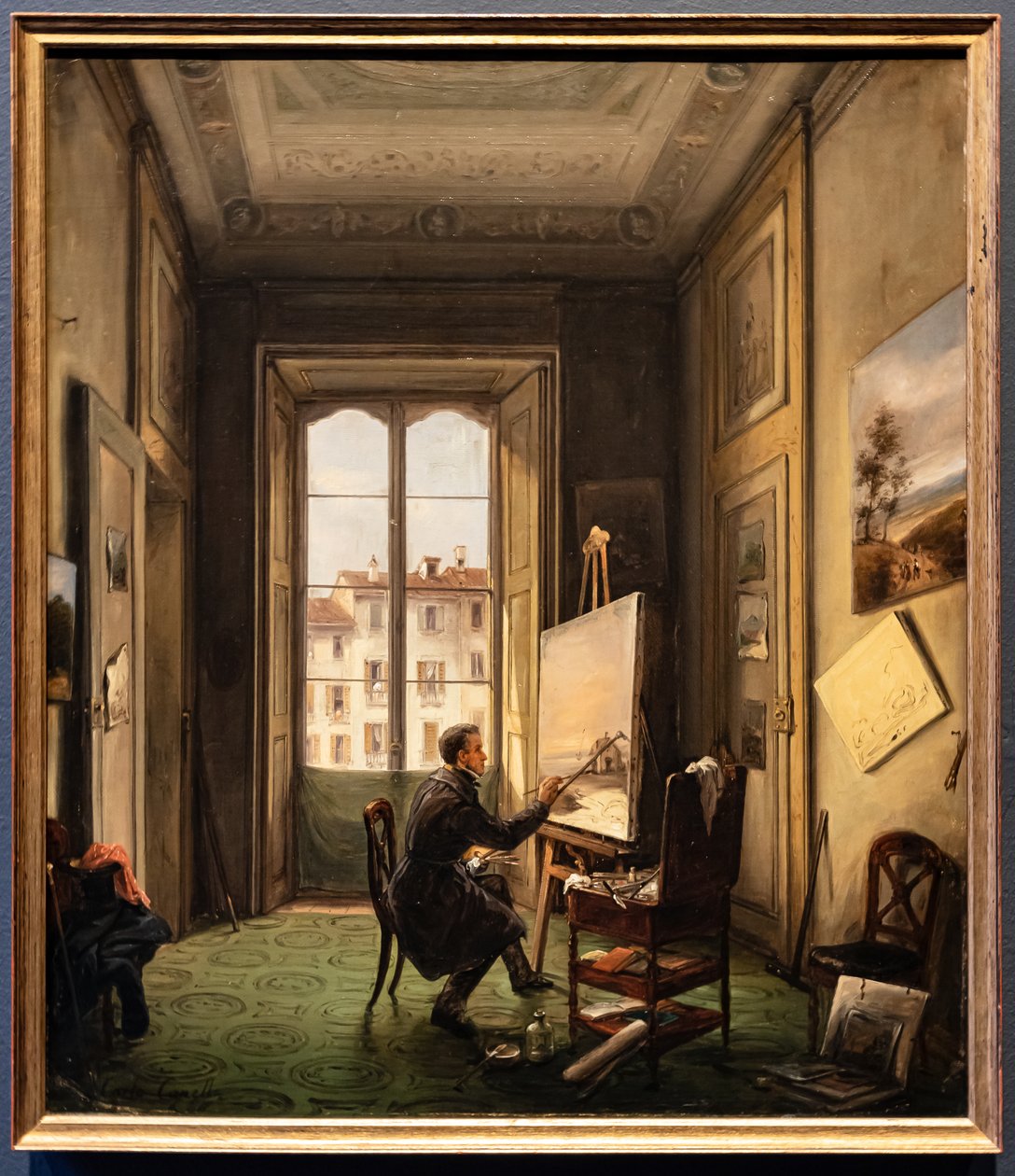 Giuseppe Canella festő portréja milánói műtermében alkotó: Carlo Canella
