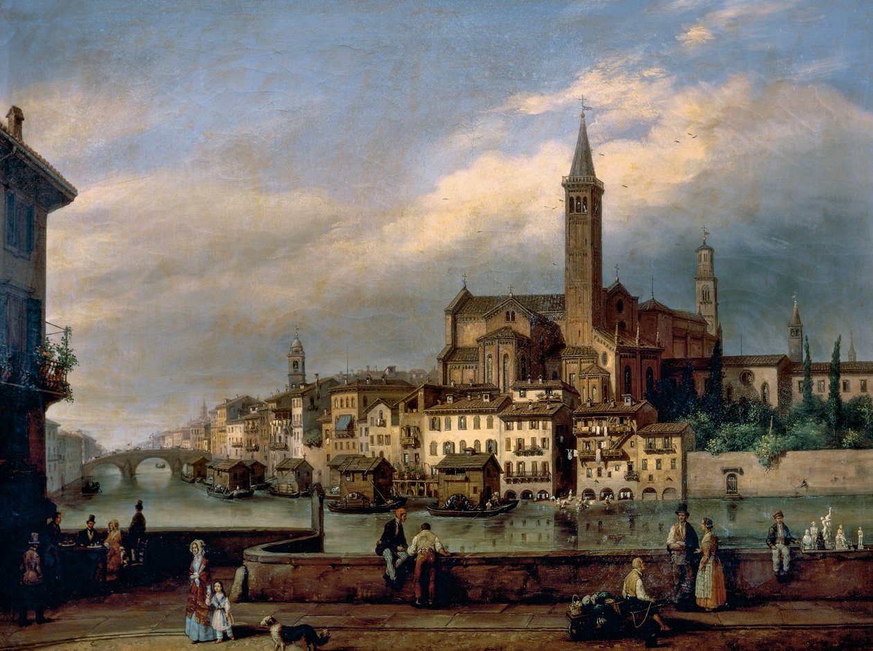 Kilátás az Adige-folyóra Veronában, a háttérben a Szent Anasztázia-templommal alkotó: Carlo Canella
