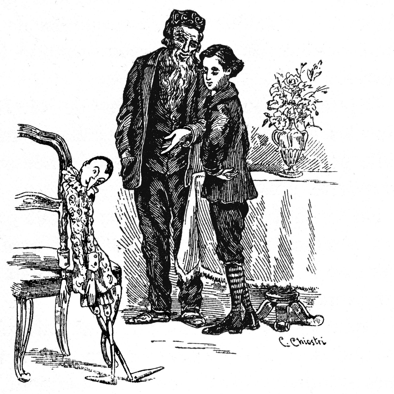 Carlo Chiostri (1863-1939), Collodi munkáinak egyik első olasz illusztrátora Pinokkió illusztrációja. Pinocchio, aki végre igazi kisfiúvá válik, Geppettoval együtt nézi azt a fabábut, aki volt. alkotó: Carlo Chiostri