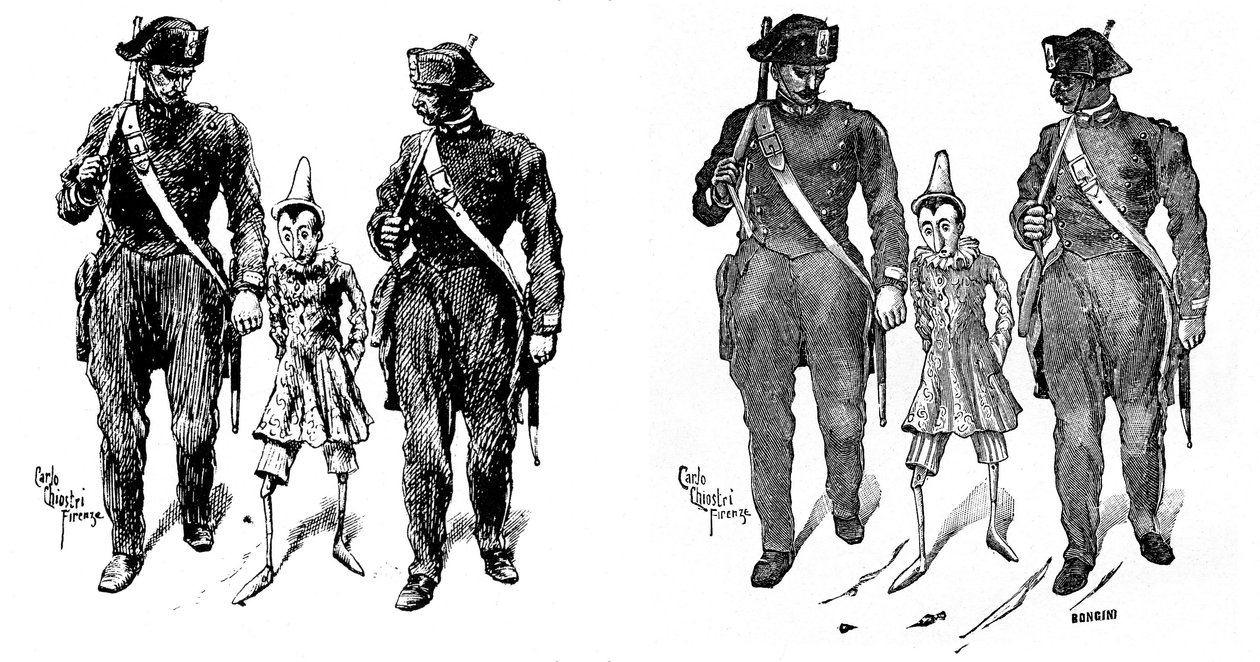 Pinokkió, Carlo Chiostri (1863-1939), Collodi (Carlo Lorenzini) munkáinak egyik első olasz illusztrátora. Két csendőr elviszi a fabábut. A bal oldali kép Chiostri eredeti rajza, a jobb oldalon a carri metszet alkotó: Carlo Chiostri