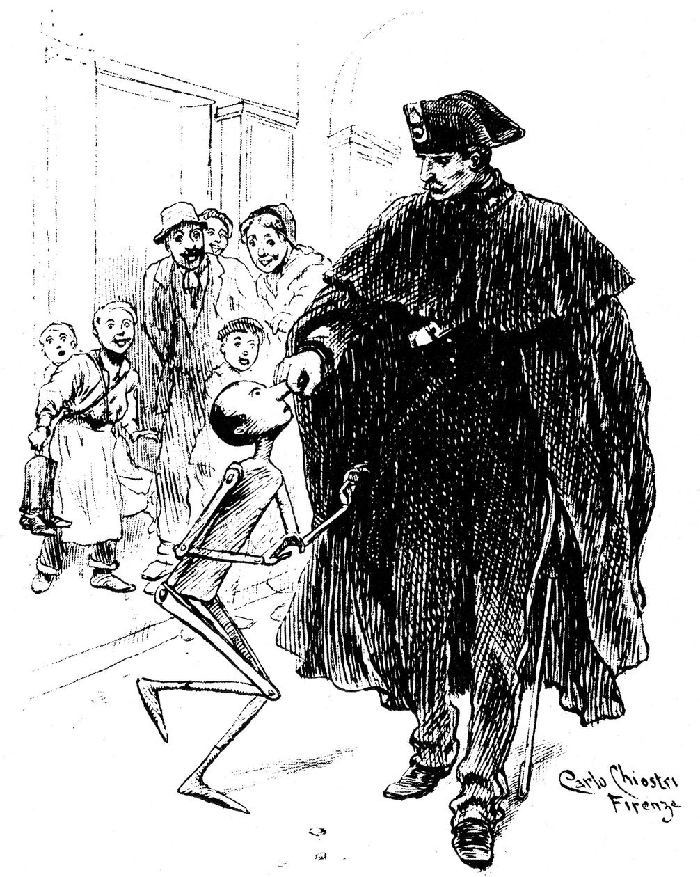 Pinokkió, Carlo Chiostri (1863-1939), Collodi (Carlo Lorenzini) munkáinak egyik első olasz illusztrátora. Egy rendőr orrán keresztül megragadja a fabábut, nagy öröme van a kedvesnek. Ez az eredeti Chiostri rajz c alkotó: Carlo Chiostri