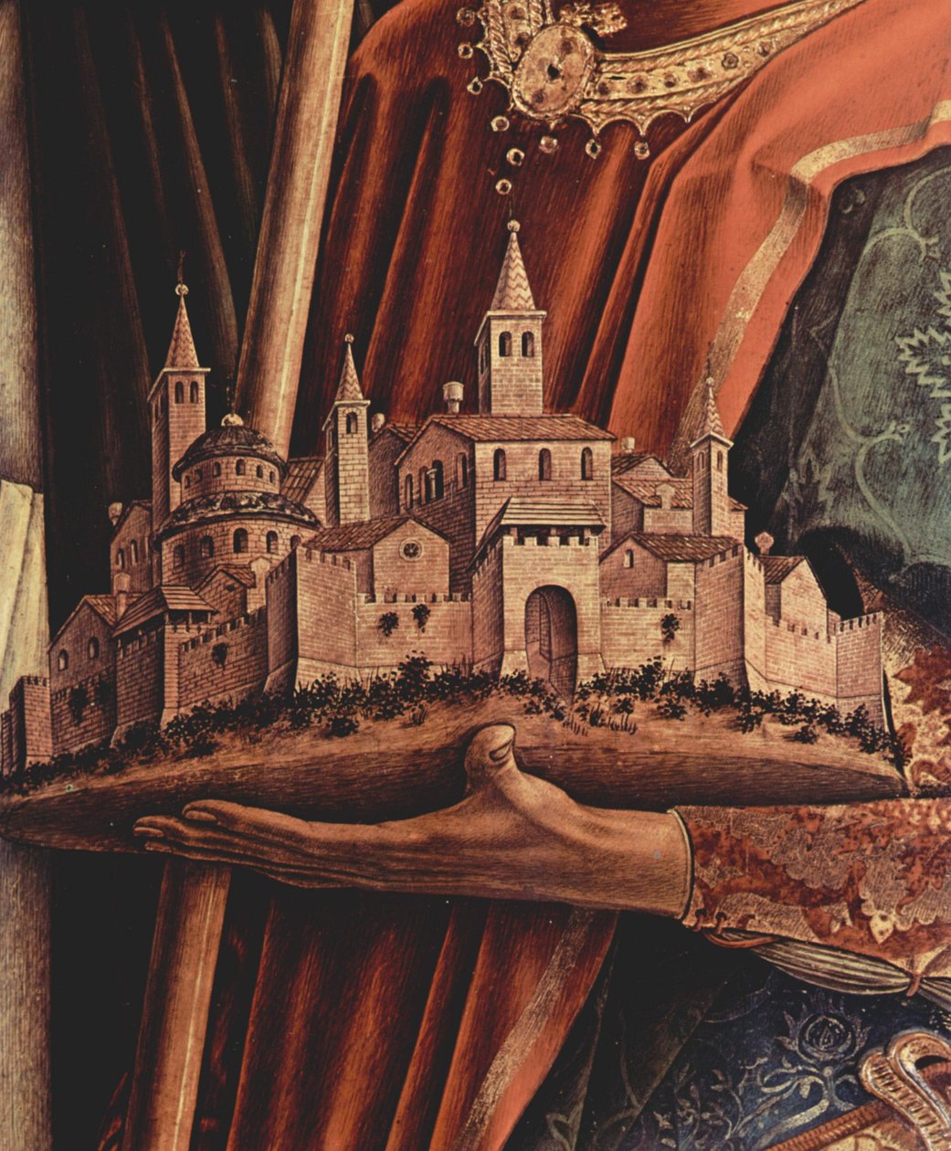 Oltártriptichon, jobb oldali kép: Mártír Szent Péter és Camerinói Szent Venetianus, részlet: Camerino városának makettje a város szentjének, Venetianusnak a kezében. alkotó: Carlo Crivelli