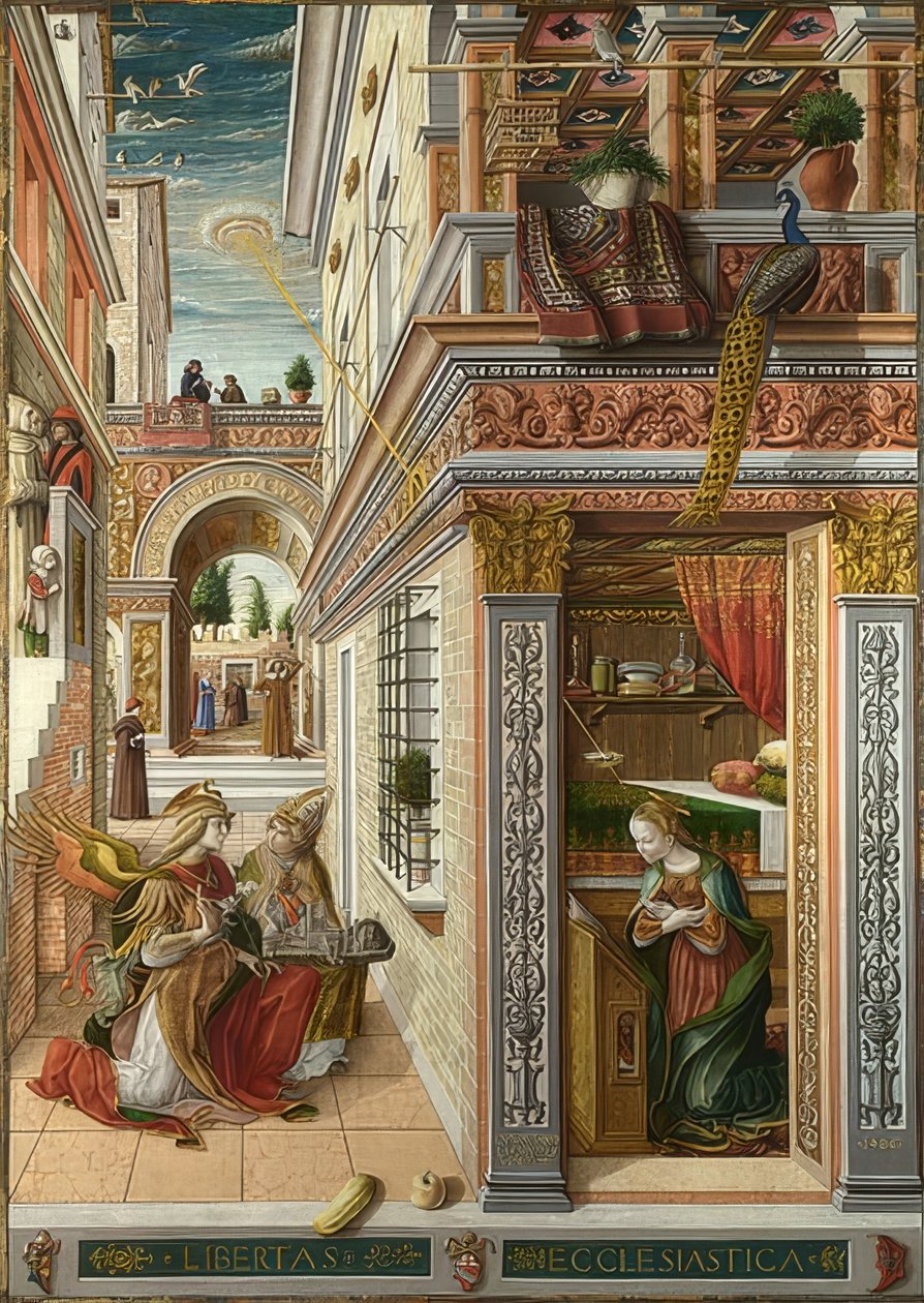 Az Annunciáció Szent Emídiusszal. 1486 alkotó: Carlo Crivelli