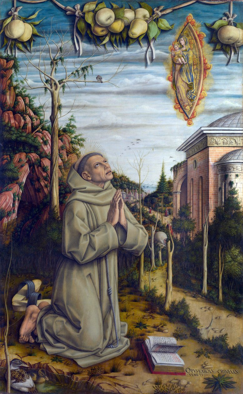 Boldog Gábriel látomása - Gabriele Ferretti (1385-1456), olasz ferences látja Szűz Máriát és a gyermek Jézust megjelenni - Carlo Crivelli festménye (1435 körül-1495 körül), tempera fára (141x87 cm) alkotó: Carlo Crivelli