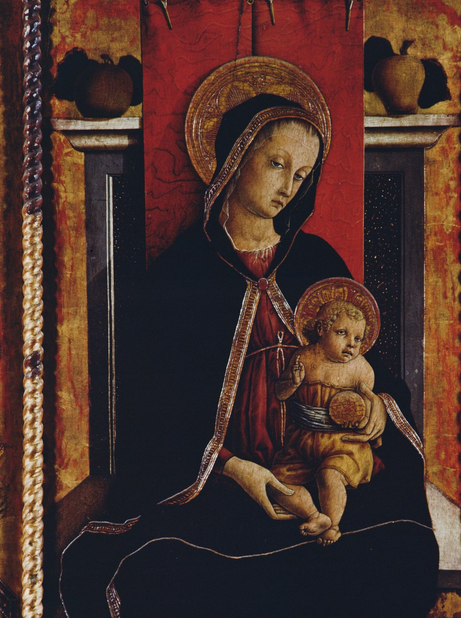 Madonna és gyermek, részlet a San Silvestro poliptichonból, 1468 (tempera a panelen) (lásd: 76657) alkotó: Carlo Crivelli