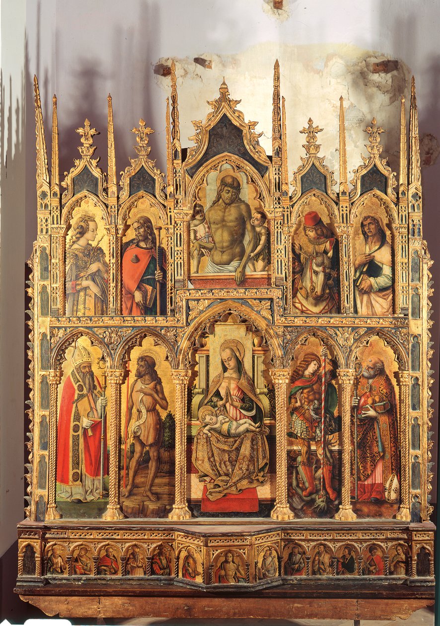 Madonna és gyermek szentekkel, poliptichon (tempera a táblán) alkotó: Carlo Crivelli