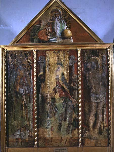 Madonna és gyermeke szentekkel, a Valle Castellamo első triptichonja (tempera, tábla) alkotó: Carlo Crivelli