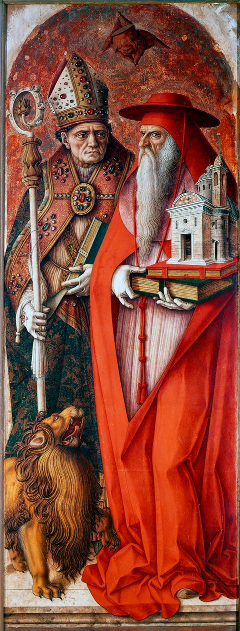 A camerinói székesegyház poliptichonja (Duomo di Camerino): Szent Jeromos és Szent Ágoston. Carlo Crivelli festménye (1430 / 35-1494 / 1500). Tempera fán alkotó: Carlo Crivelli