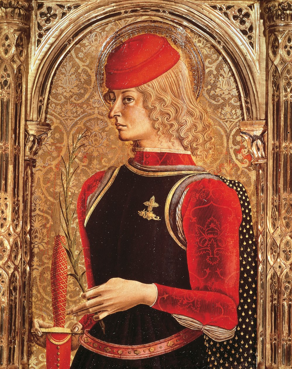 Szent György ábrázolása, az oltárkép részlete, Carlo Crivelli (kb. 1430-1493). Szentségi kápolna, Ascoli Piceno székesegyház, Marche. alkotó: Carlo Crivelli
