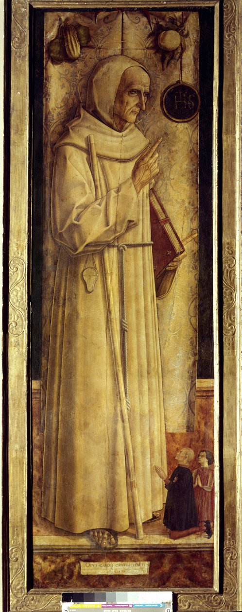 Santiago de la Marche (1394-1476) és két donor térdel (néha tévesen mondja Sienai Szent Bernardino). Carlo Crivelli festménye (1435-1495) alkotó: Carlo Crivelli