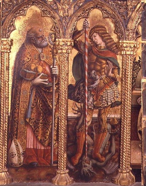 Szent Miklós és Szent Mihály, részlet a San Martino-i poliptichonról (tempera a táblán) (lásd: 76669) alkotó: Carlo Crivelli