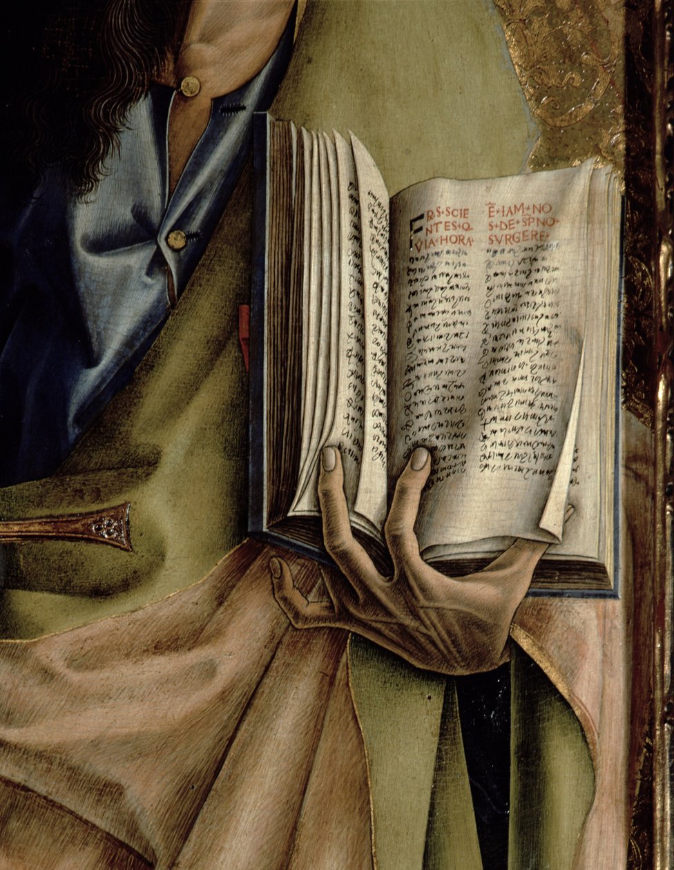 Szent Pál, a Levélek könyvének részlete, a SantEmidio poliptichonból, 1473 tempera a 76647, 76646 és 76636 táblán alkotó: Carlo Crivelli