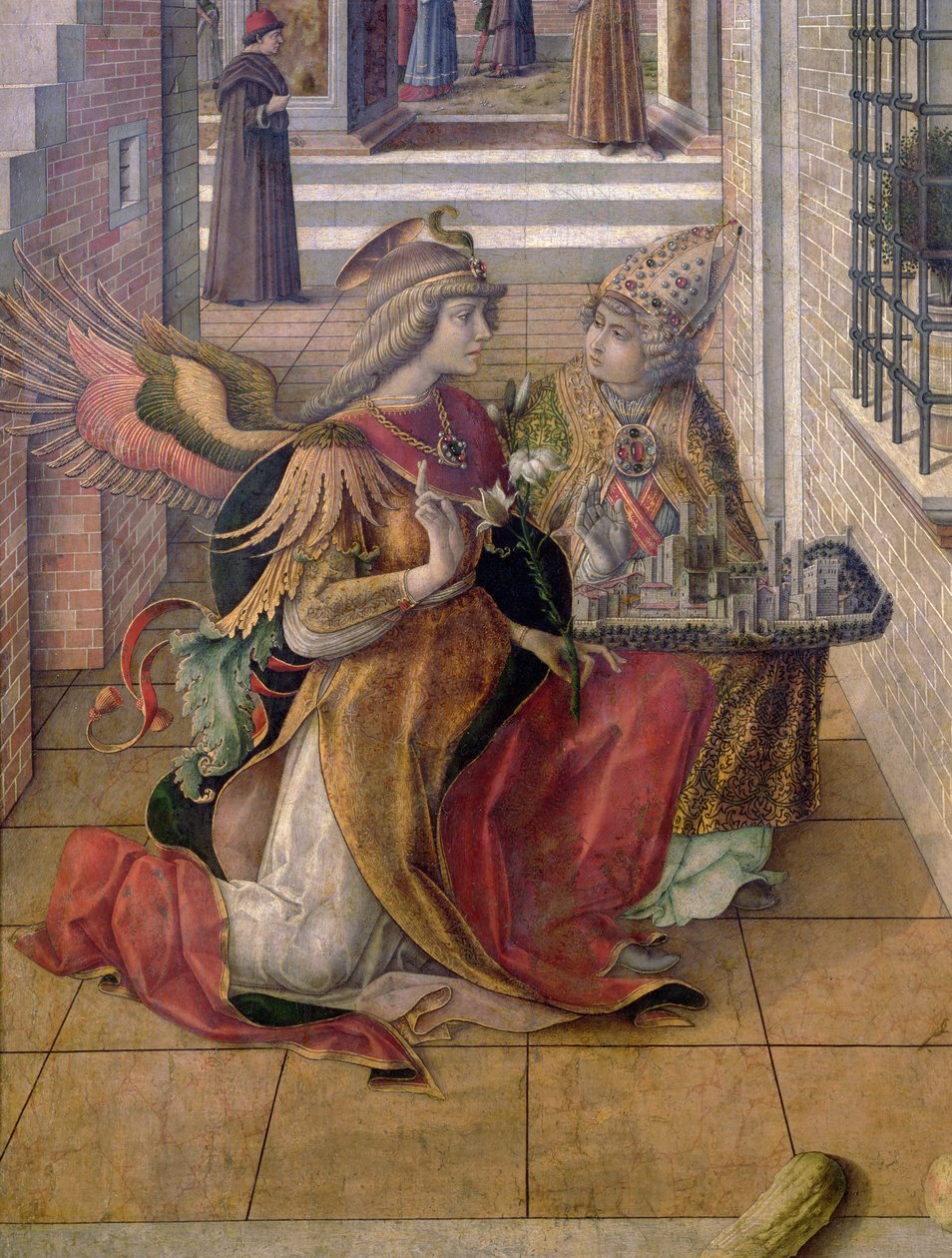 Angyali üdvözlet Szent Emidiusszal, Gábriel arkangyal részlete a szenttel, 1486 (tempera és olaj, tábla) (97895. részlet) alkotó: Carlo Crivelli