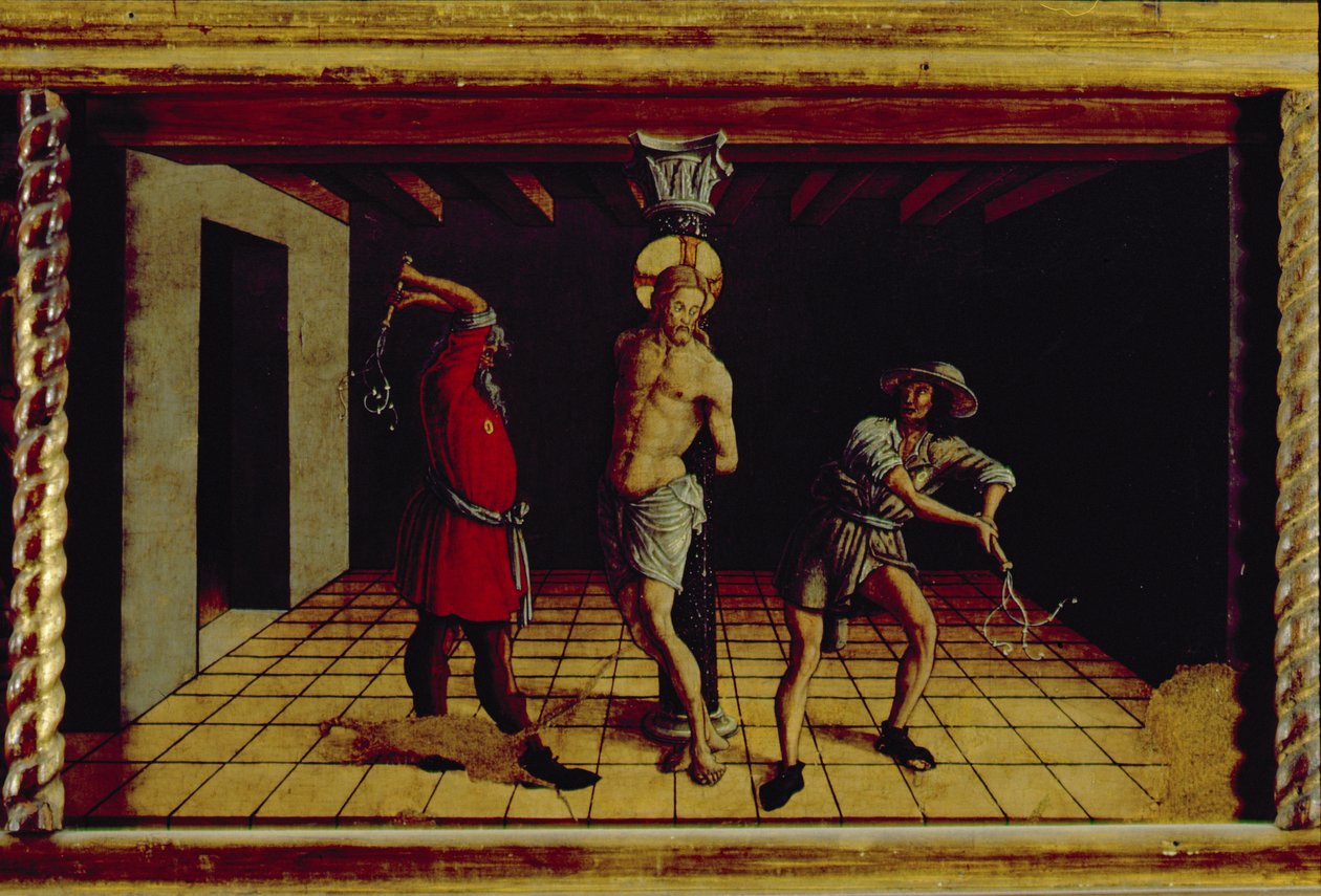Krisztus megostorozása, jobb oldali középső predella a San Silvestro-poliptichonról, 1468 (tempera, tábla) (lásd 76657) alkotó: Carlo Crivelli