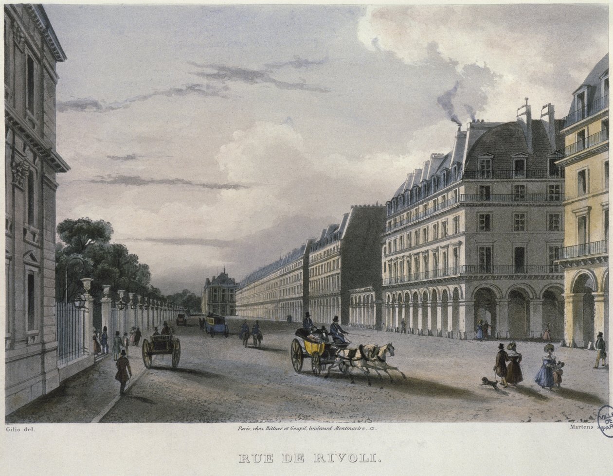 A Rue de Rivol, Frederic Martens (1809-75) metszet 1832 (színes metszet) alkotó: Carlo Gilio