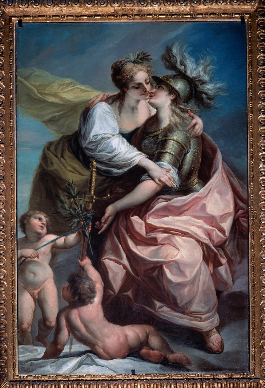 A köztársaság tizenhárom értékének allegóriája: az igazságosságot felölelő béke (Festmény, 1783 után) alkotó: Carlo Giuseppe Ratti