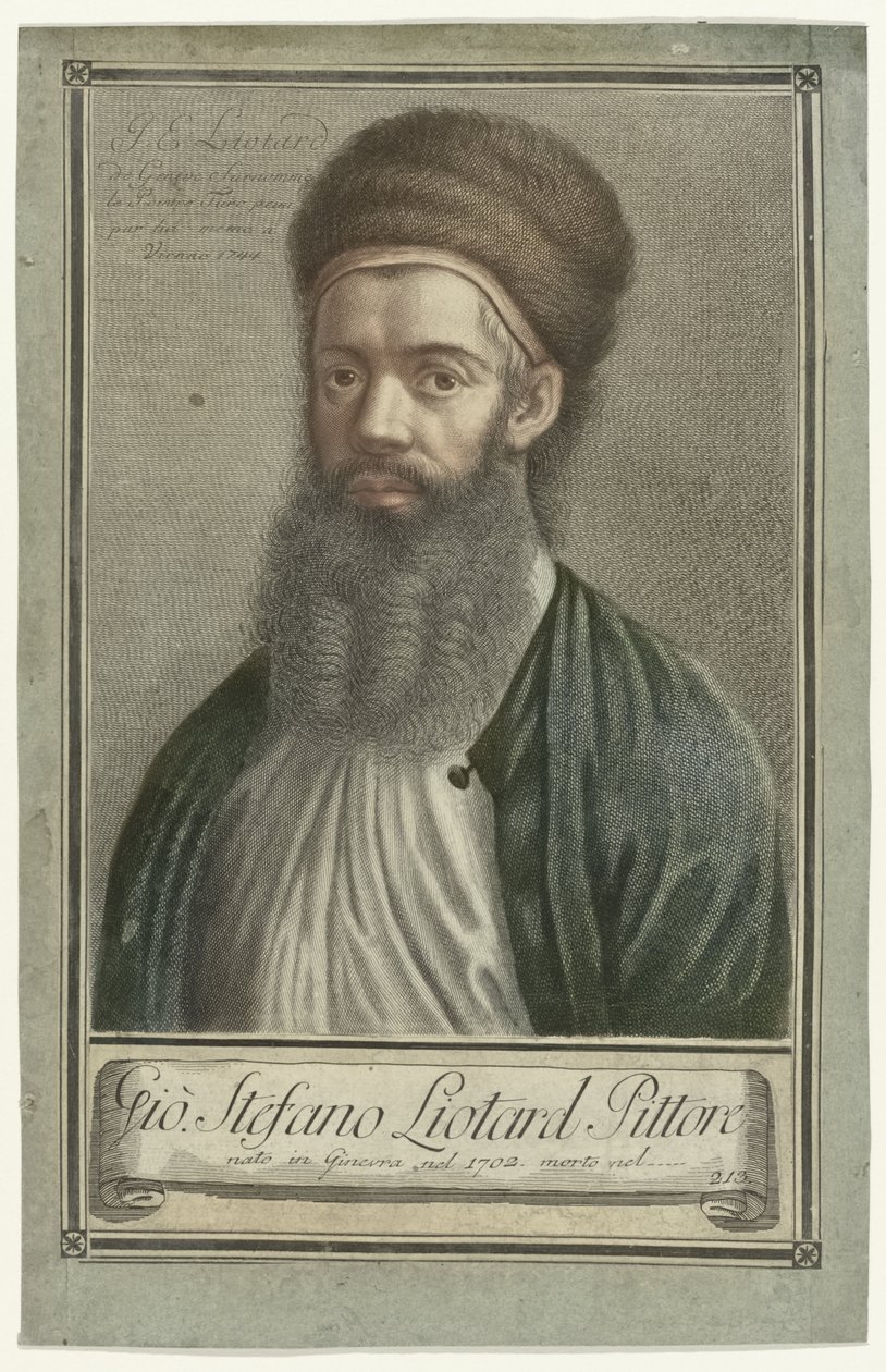 Jean-Etienne Liotard festő portréja török ​​kosztümben, szakállal és prémes sapkával Művészek portréi (sorozat címe) alkotó: Carlo Gregori (possibly)