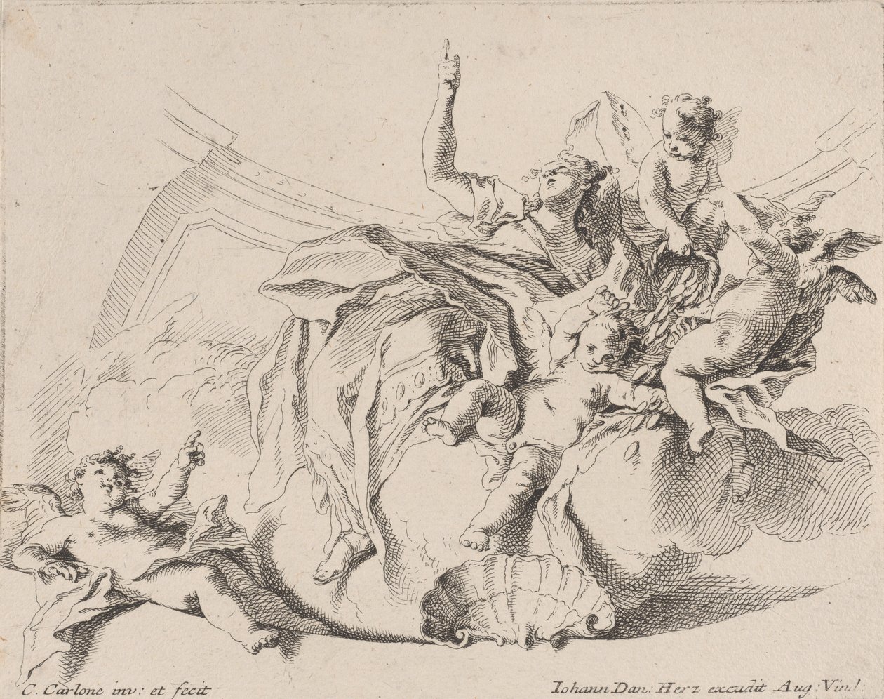 Gazdagság, amelyet egy felhőkön ülő, puttival körülvett nő képvisel, akik közül az egyik..., 1725-75. alkotó: Carlo Innocenzo Carloni
