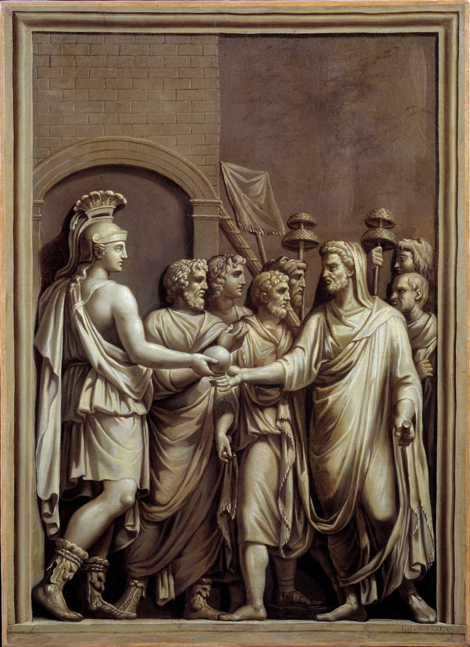 Az ókori Róma: harcos és ember egy tógában gömböt cserél. Carlo Labruzzi (1748-1818) festménye egy alacsony római dombormű után. Brest. Szépművészeti Múzeum alkotó: Carlo Labruzzi