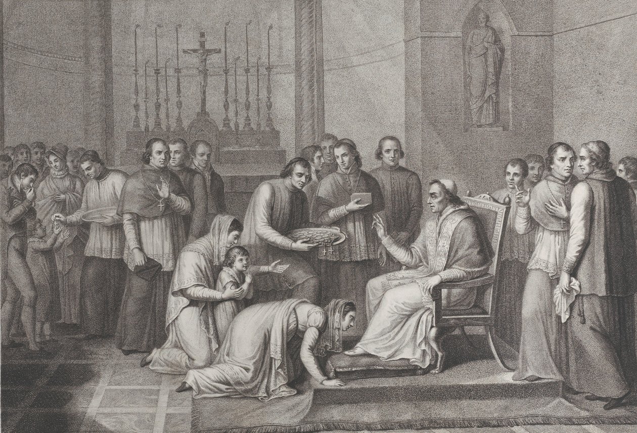 Egy nő letérdelve megcsókolja VII. Pius pápa lábát, mögötte balra tömeg, 1814-50 alkotó: Carlo Lasinio