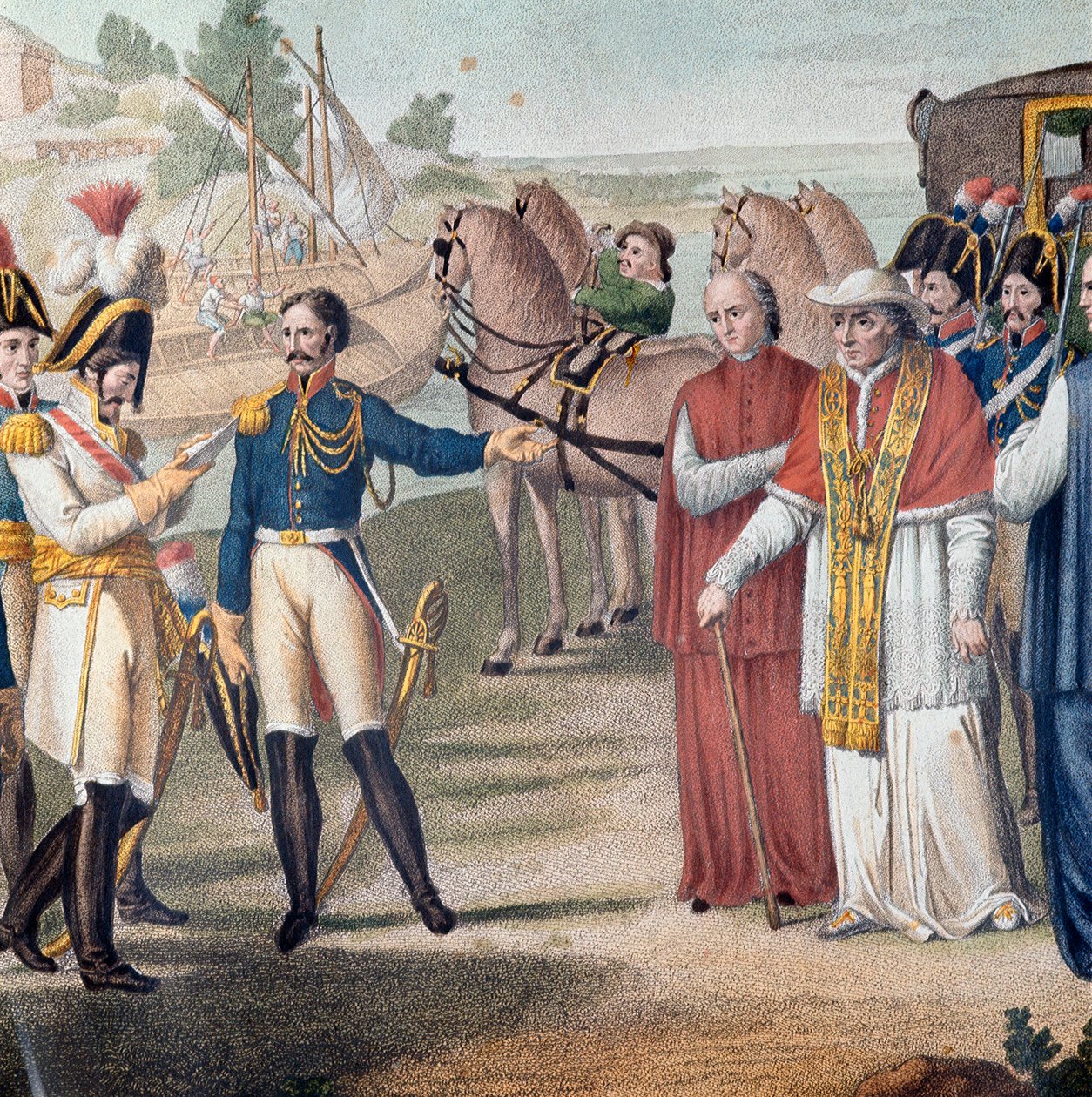 Pius (Pio) pápát (1742-1823) Olaszországba való visszatérésekor tartóztatta le az osztrák-nápolyi hadsereg Párma közelében 1814. március 25-én - Carlo Lasinio (1759-1838) metszet - Színes litográfia (VII. Pius pápa letartóztatása (1742-1823), miután vissza alkotó: Carlo Lasinio