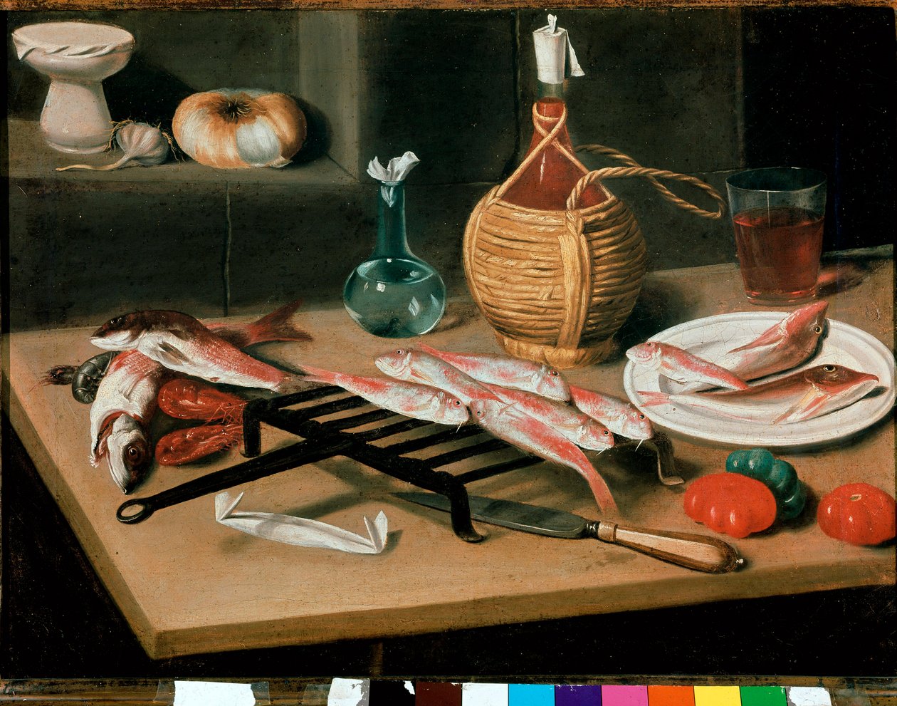 Csendélet-asztal grillezett haltányérokkal (mollett) és üveg borral (damigiana). Carlo Magini (1720-1806) festménye. Faenza, Pinacoteca comunale alkotó: Carlo Magini