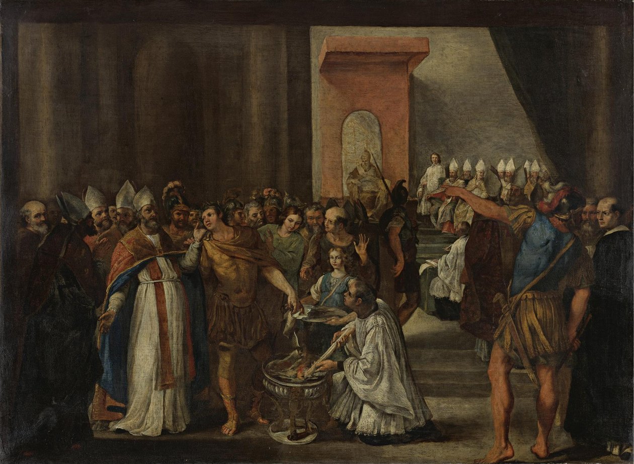 Konstantin császár ariánus könyveket éget, 1640-es évek alkotó: Carlo Magnone