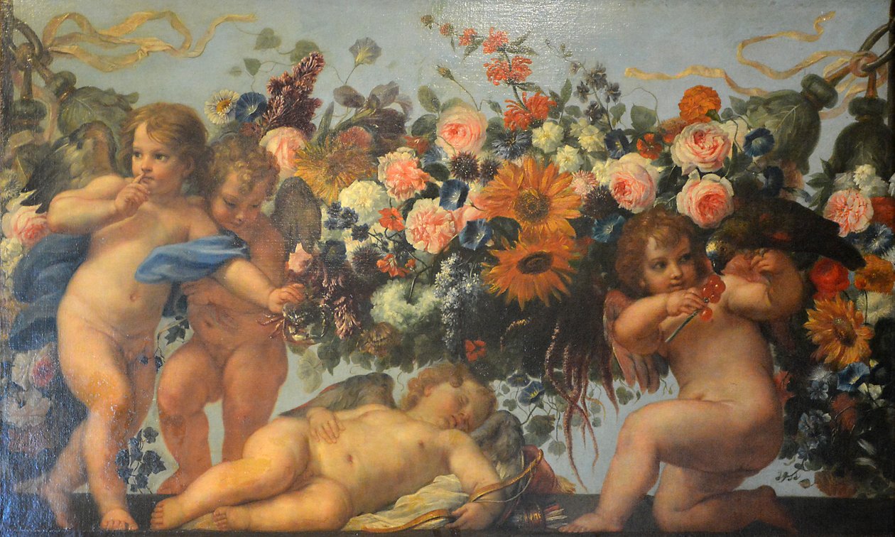Franciául:  Amour et guirlande de fleurs avec perroquet Amor és virágfüzér egy papagájjal alkotó: Carlo Maratta