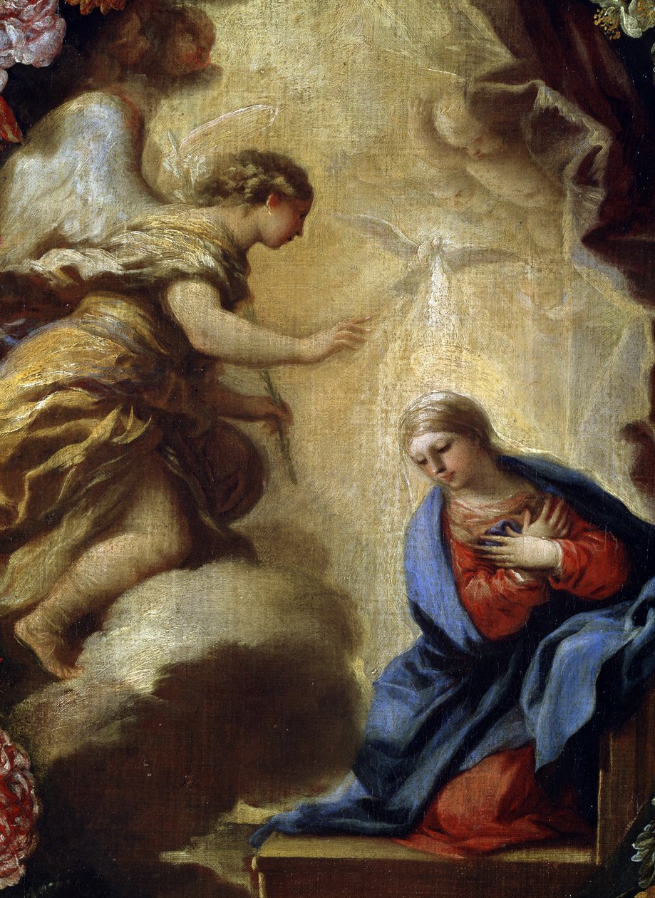 ""Az Angyali üdvözlet virágokkal"" Carlo Maratta festménye (1625-1713) Részlet. Mikalojus Konstantinas Ciurlionis Szépművészeti Múzeum, Kaunas, Litvánia alkotó: Carlo Maratta or Maratti