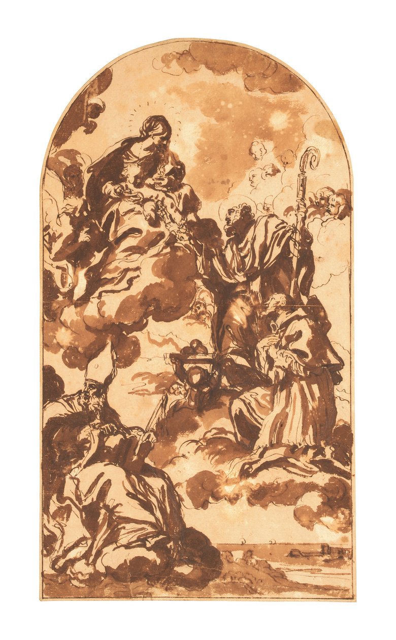 A Madonna és gyermeke Ambrózius, Sales Ferenc és Barsi Szent Miklós előtt (fekete kréta, toll és barna tinta, barna tus, barna mosás, papír) alkotó: Carlo Maratta or Maratti
