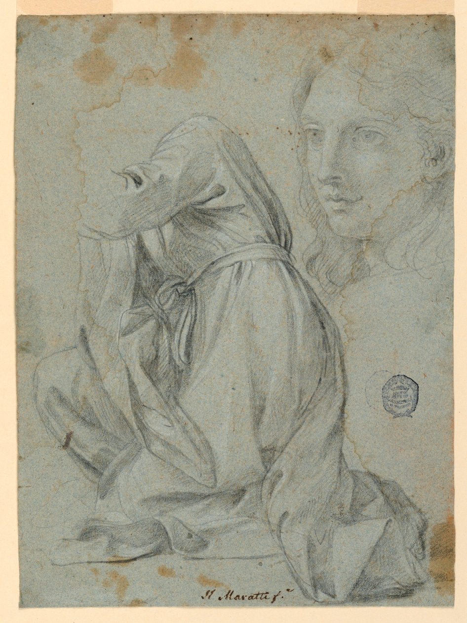 Rajz, tanulmányok: Egy térdelő nő ruhája. Egy fiatal nő feje, 1650-1675. alkotó: Carlo Maratti