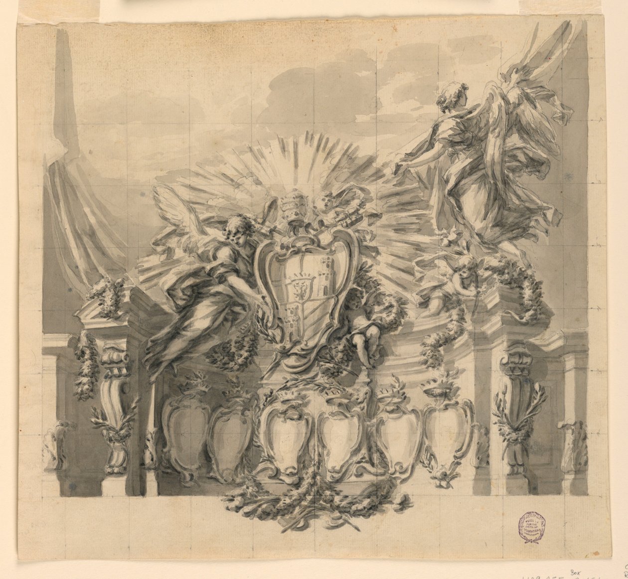 Tervezés a római Szent Péter-templom homlokzatának díszítésére, Giuseppe da Capertino és Jeanne-Françoise de Chantal szentté avatására alkotó: Carlo Marchionni