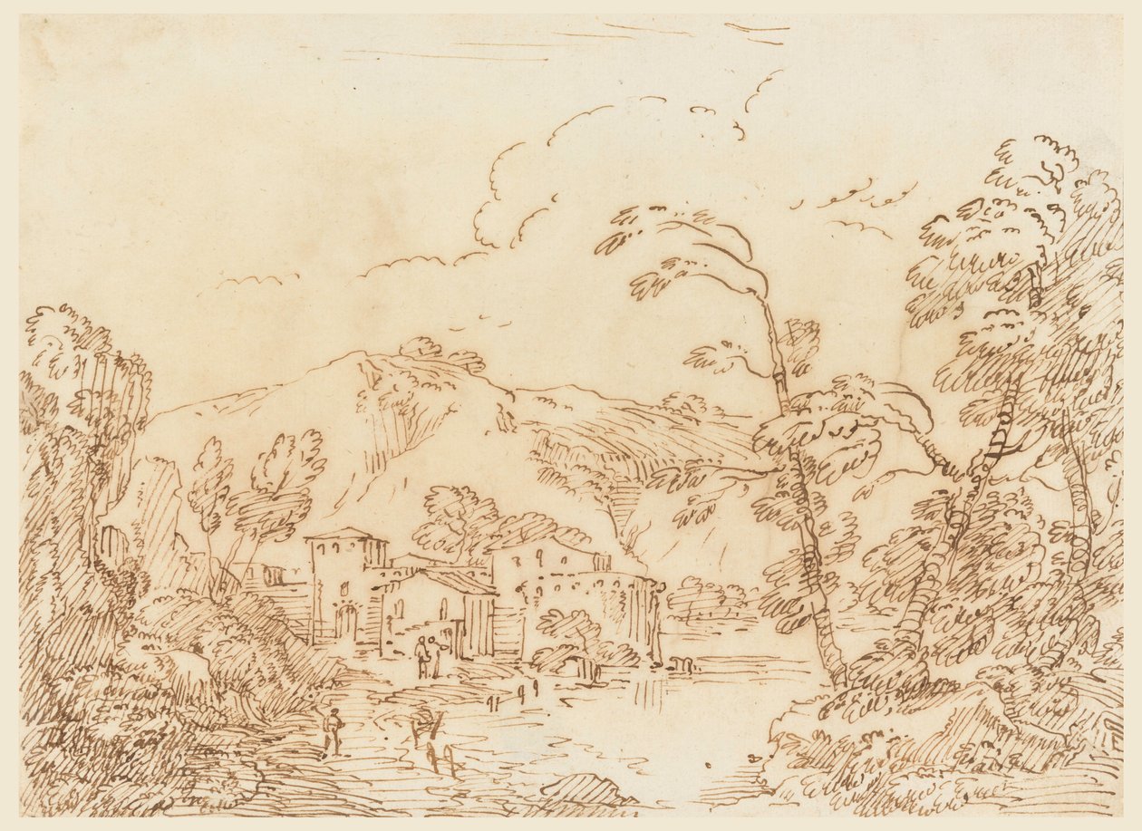 Rajz, Egy falu egy patak partján, hegyvidéki vidék, 1770-86 alkotó: Carlo Marchionni