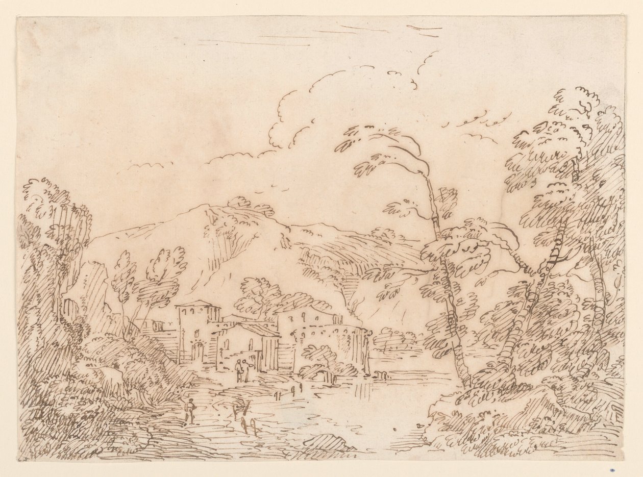 Rajz, Egy falu egy patak partján, hegyvidéki vidék, 1770-86 alkotó: Carlo Marchionni