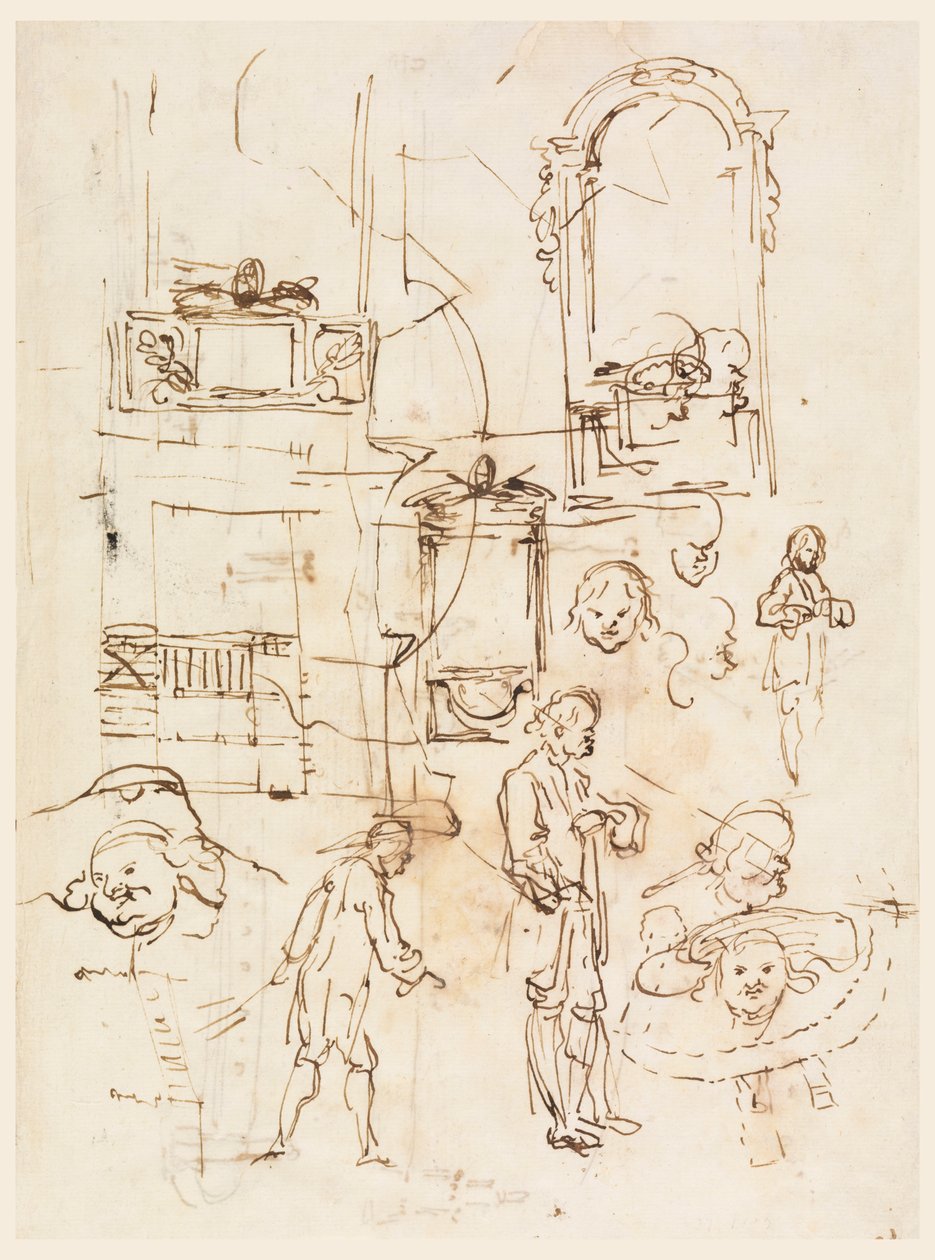 Rajz, építészeti és figurális vázlatok, 1760 körül. alkotó: Carlo Marchionni