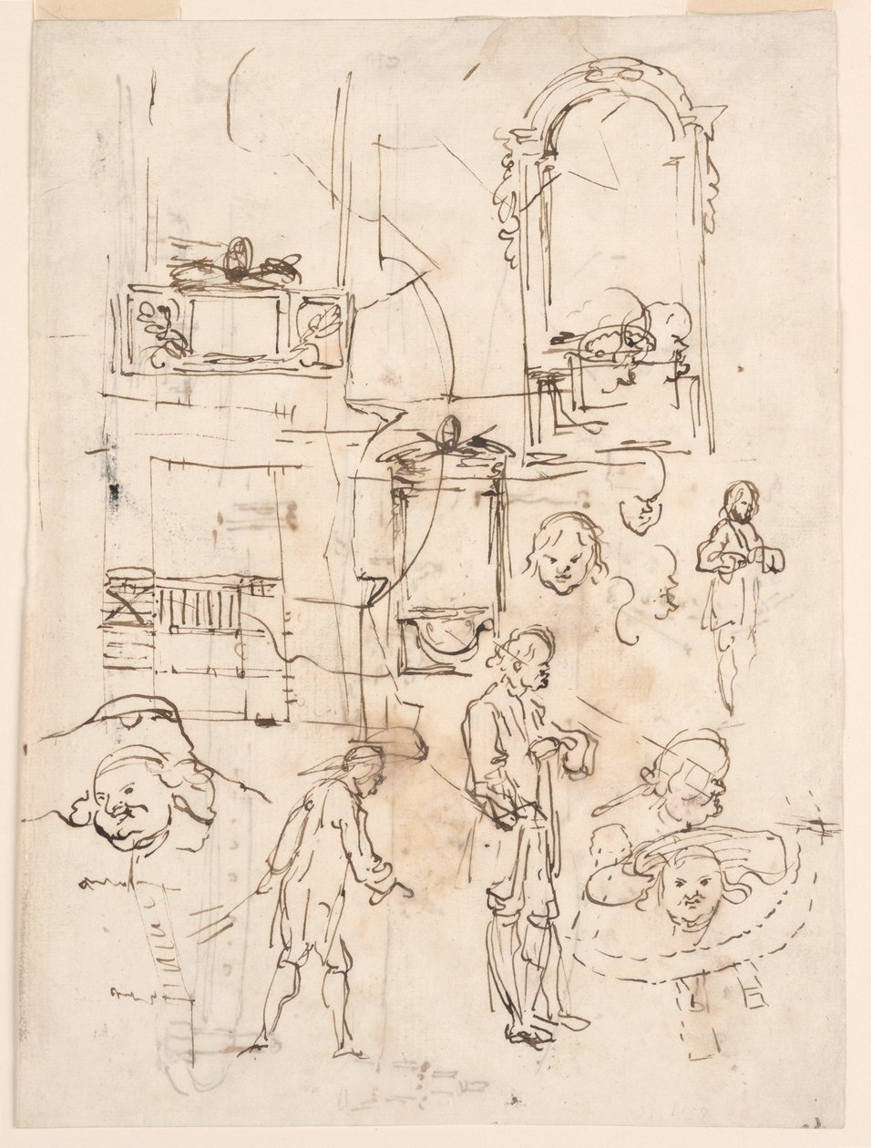 Rajz, építészeti és figurális vázlatok, 1760 körül. alkotó: Carlo Marchionni