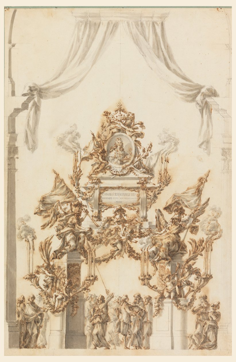 Rajz, III. Károly Emanuel Károly szardíniai katakalkjának tervezete, 1773 alkotó: Carlo Marchionni