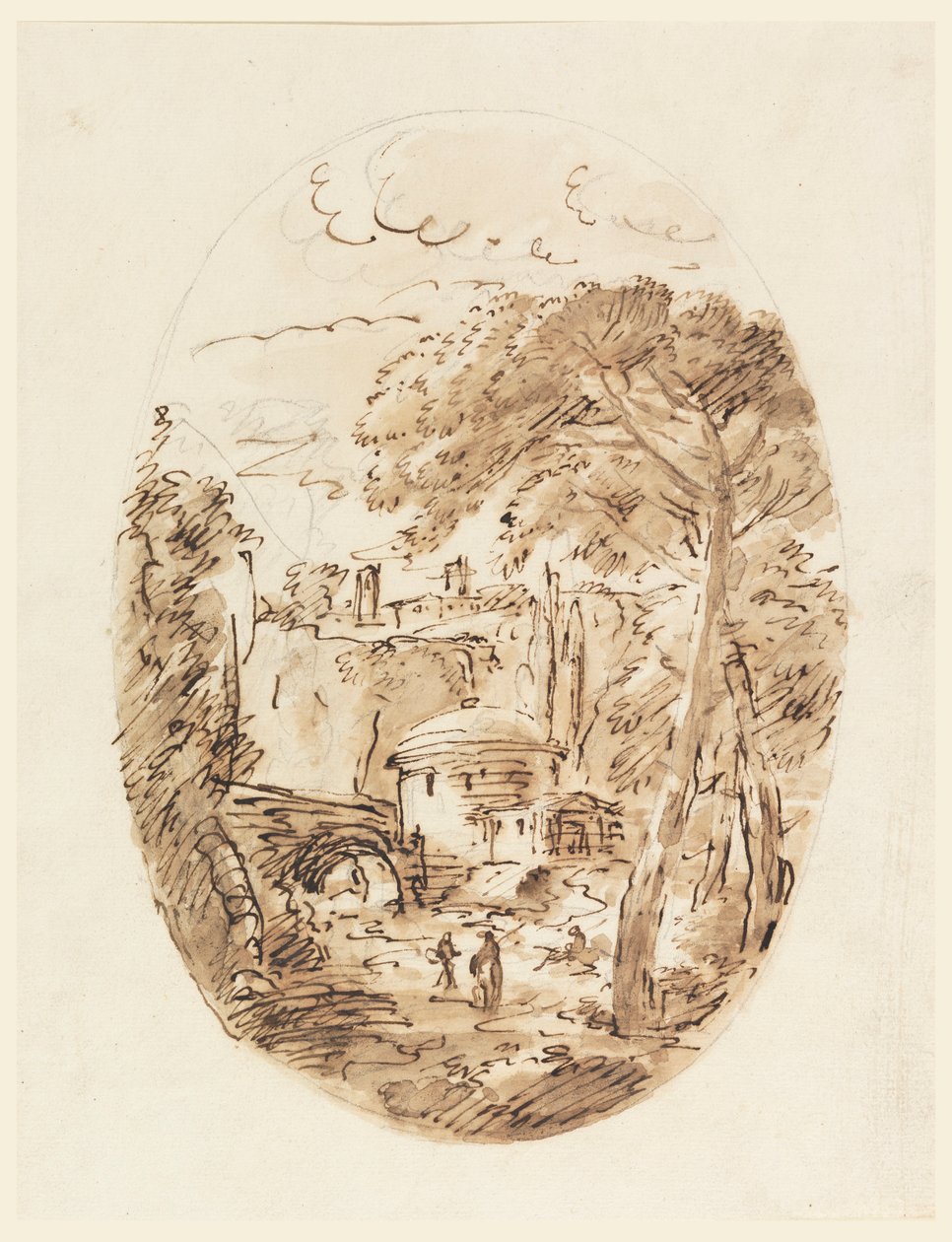 Rajz, Tájkép lovassal és híddal, 1750-1786 alkotó: Carlo Marchionni